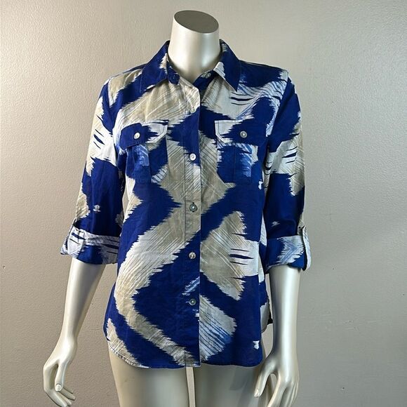 Chico's button down 100% cotton front pockets blue white tan abstract size 0 4 6 - Picture 1 of 8